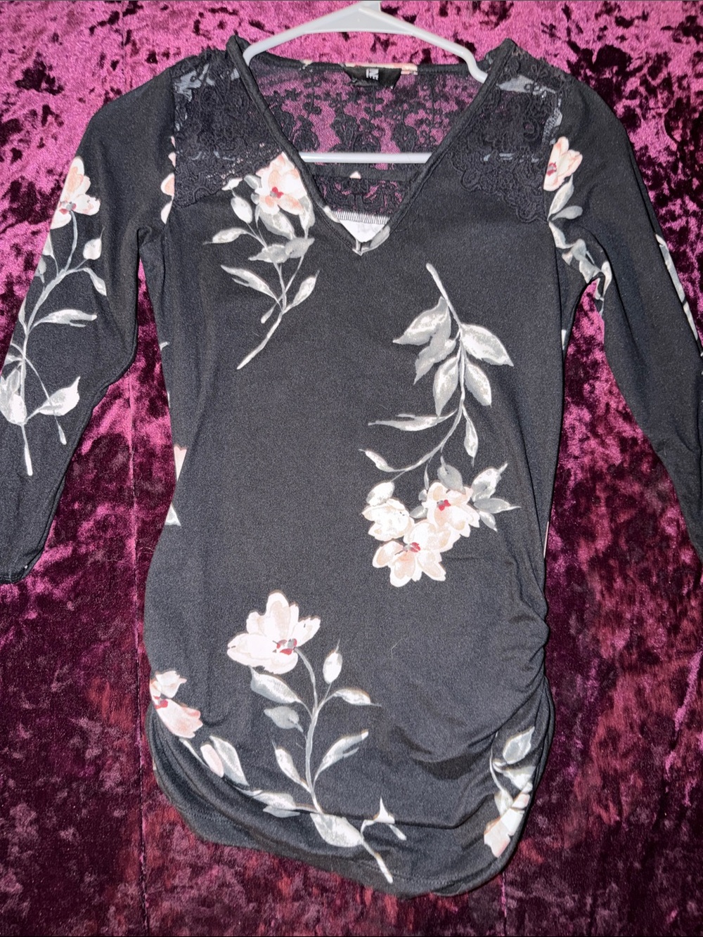 Black Floral Lace-Trim V-Neck Women's Top